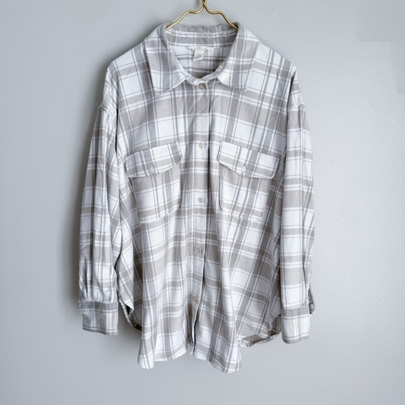 H&M women’s oversized plaid thick heavy weight flannels shacket grey beige XL - Picture 1 of 6